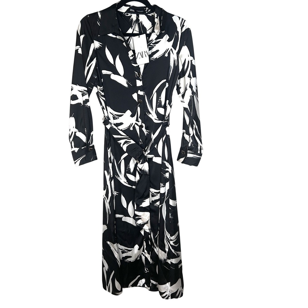 ZARA Floral Midi Derby Dress Womens Satin Floral Belted Black White Small NWT - Picture 2 of 9